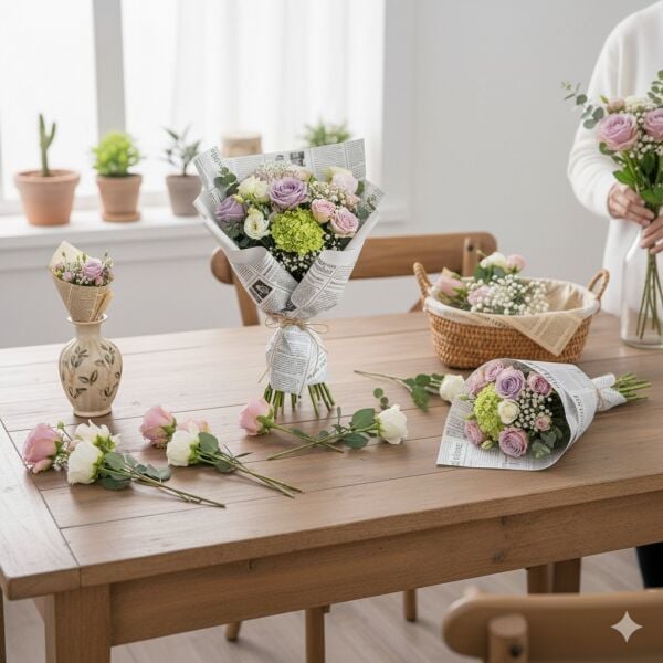 Gazete Desenli Çiçek Ambalaj Kağıdı 20li, Çift Baskı Mat OPP Hediye Buket Kağıdı, Beyaz, 58x58 Cm