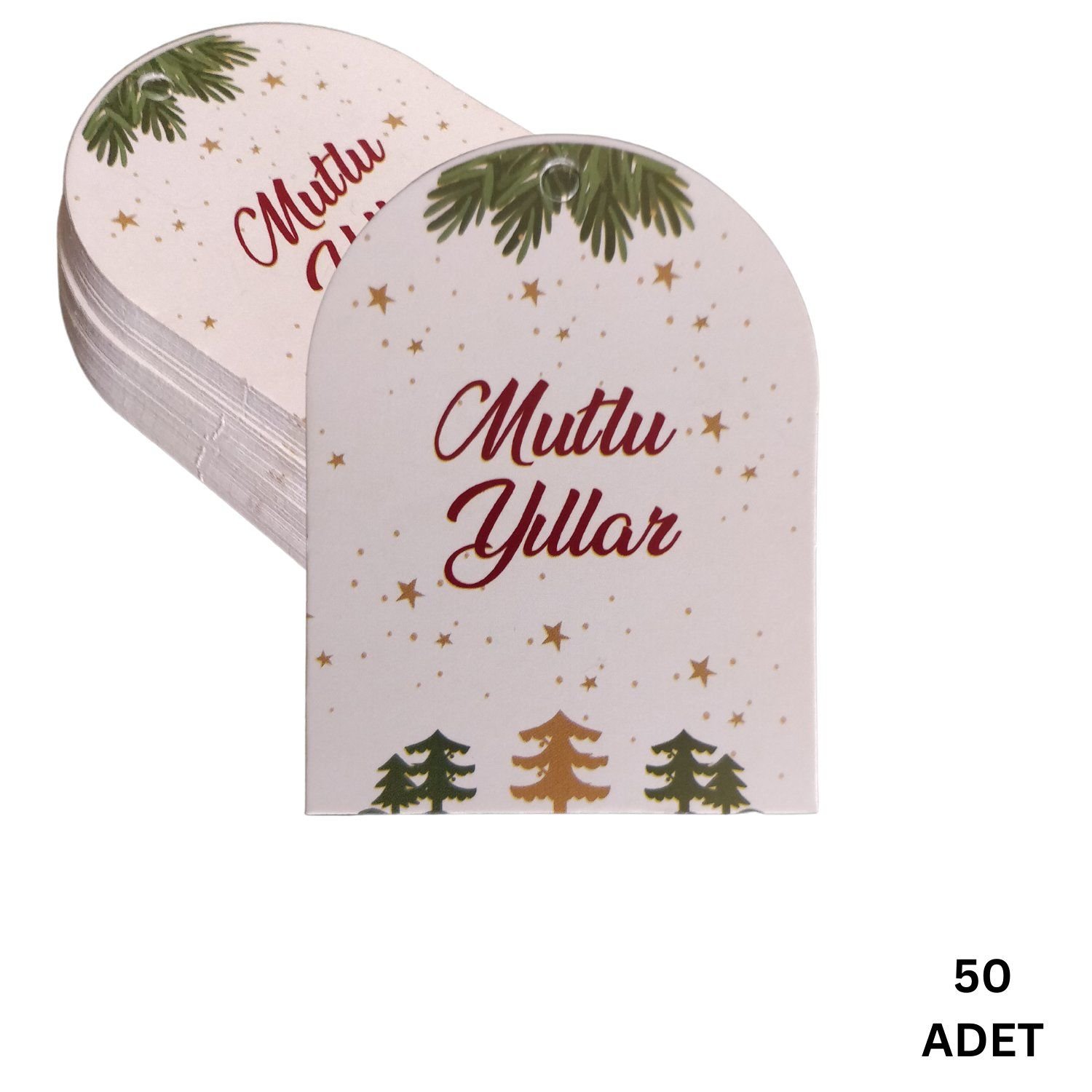Yılbaşı Mutlu Yıllar Yazılı Hediye Etiketi, Delikli Yeniyıl Paketleme Kartı, 50 Adet, 5,5 x 7 Cm