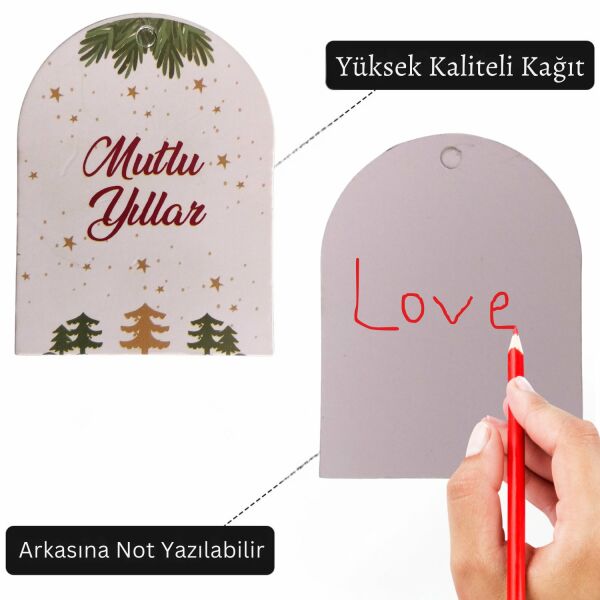 Yılbaşı Mutlu Yıllar Yazılı Hediye Etiketi, Delikli Yeniyıl Paketleme Kartı, 50 Adet, 5,5 x 7 Cm