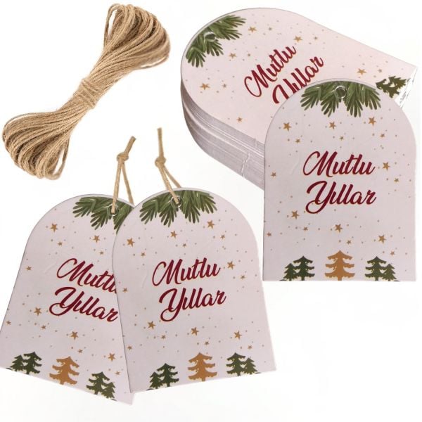 Yılbaşı Mutlu Yıllar Yazılı Hediye Etiketi, Delikli Yeniyıl Paketleme Kartı, 50 Adet, 5,5 x 7 Cm