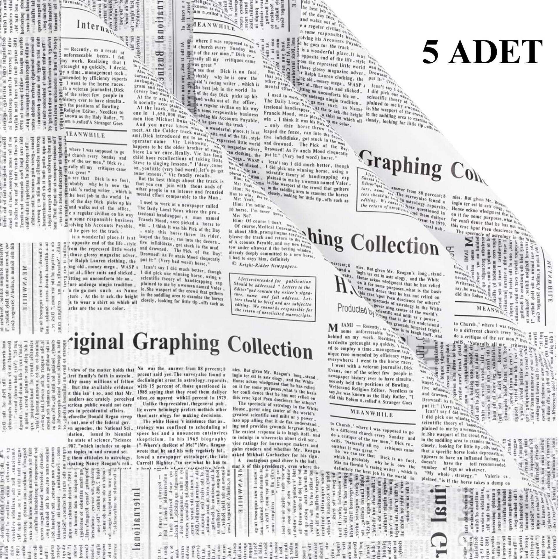 Gazete Desenli Çiçek Ambalaj Kağıdı 5li, Çift Baskı Mat OPP Hediye Buket Kağıdı, Beyaz, 58x58 Cm