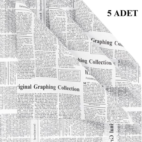 Gazete Desenli Çiçek Ambalaj Kağıdı 5li, Çift Baskı Mat OPP Hediye Buket Kağıdı, Beyaz, 58x58 Cm