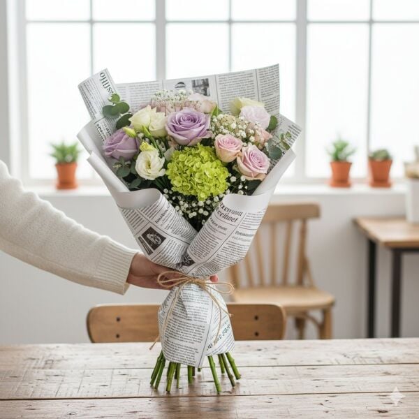 Gazete Desenli Çiçek Ambalaj Kağıdı 5li, Çift Baskı Mat OPP Hediye Buket Kağıdı, Beyaz, 58x58 Cm