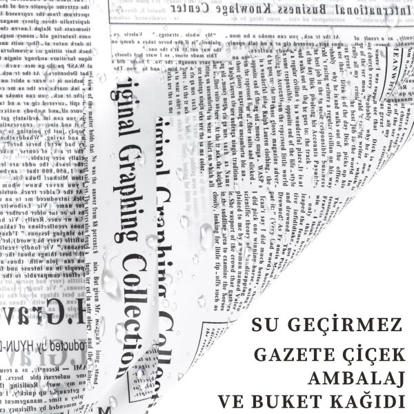 Gazete Desenli Çiçek Ambalaj Kağıdı 5li, Çift Baskı Mat OPP Hediye Buket Kağıdı, Beyaz, 58x58 Cm