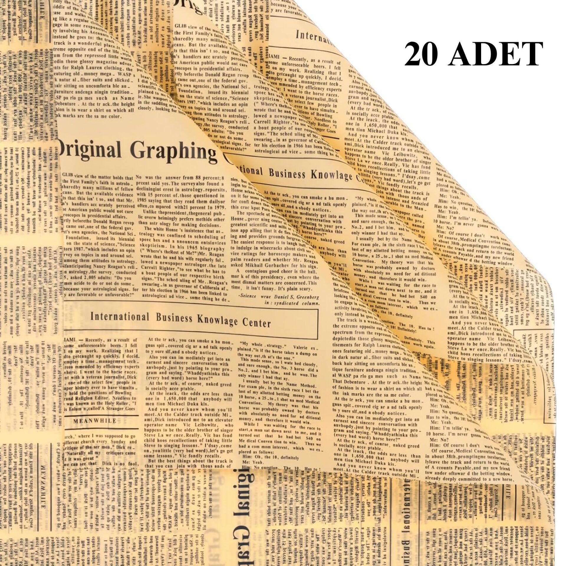 Gazete Desenli Çiçek Ambalaj Kağıdı 20li, Çift Baskı Mat OPP Hediye Buket Kağıdı, Kraft, 58x58 Cm