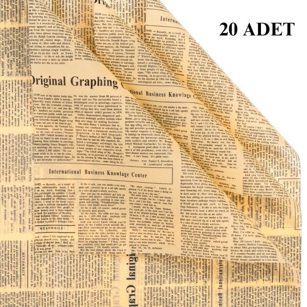 Gazete Desenli Çiçek Ambalaj Kağıdı 20li, Çift Baskı Mat OPP Hediye Buket Kağıdı, Kraft, 58x58 Cm