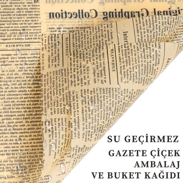 Gazete Desenli Çiçek Ambalaj Kağıdı 20li, Çift Baskı Mat OPP Hediye Buket Kağıdı, Kraft, 58x58 Cm