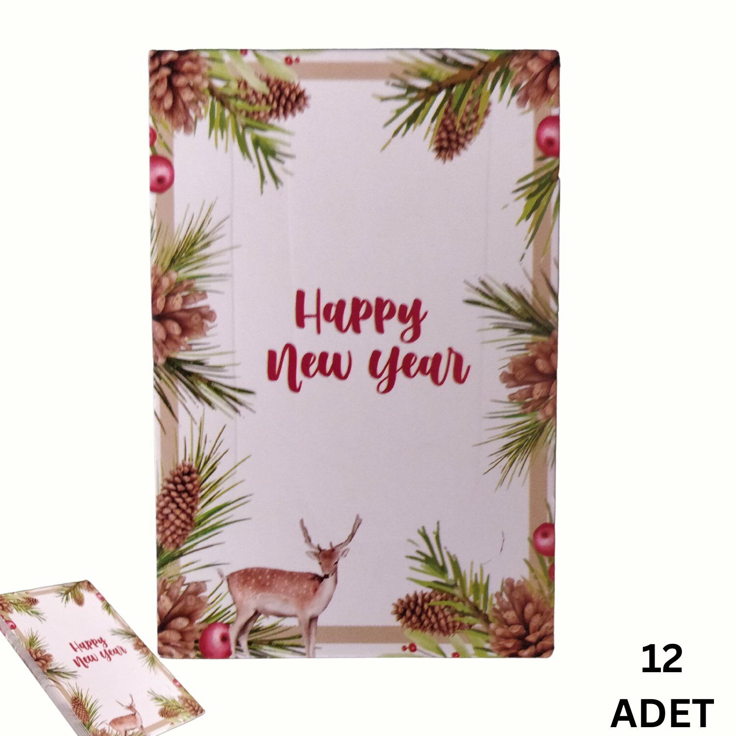 Yılbaşı Happy New Year Tebrik Kartı, Yeniyıl Temalı Hediye, Not Kartları, 12 Adet, 5,5 x 8 Cm