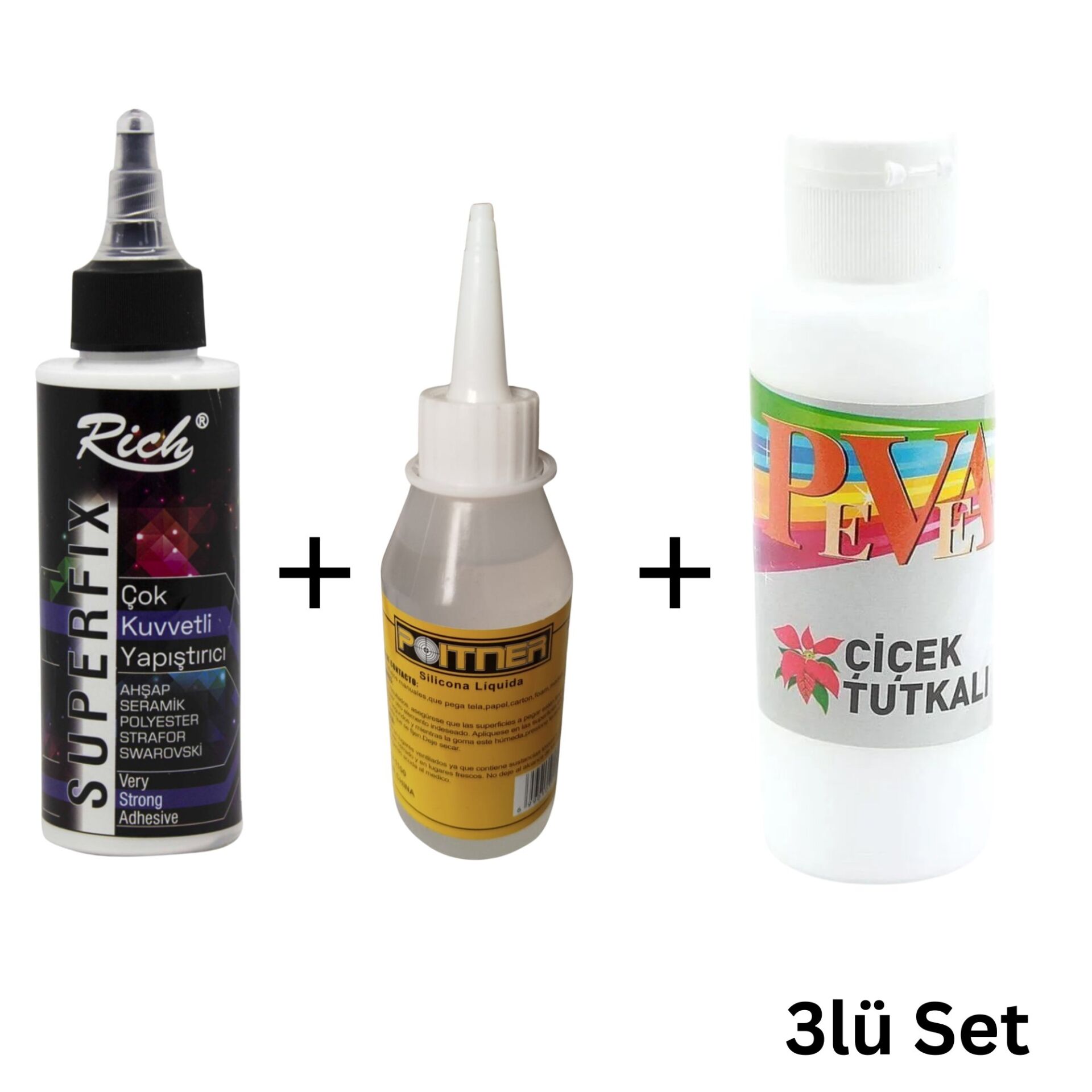 3’lü Güçlü Yapıştırıcı Seti, PVA (100ml), Superfix(120cc), Soğuk Silikon(100ml) Hobi DIY Tutkal Seti