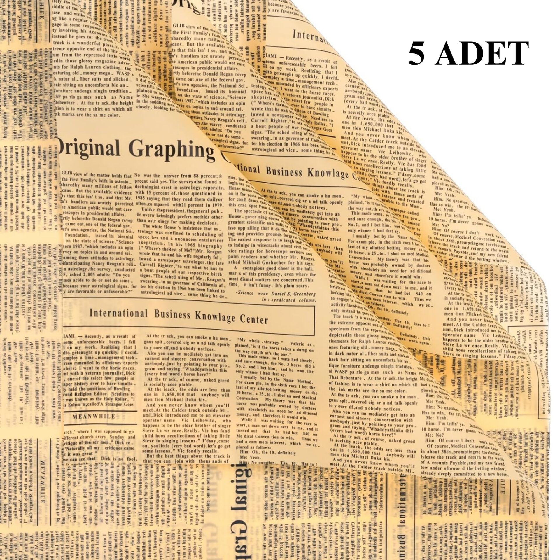 Gazete Desenli Çiçek Ambalaj Kağıdı 5li, Çift Baskı Mat OPP Hediye Buket Kağıdı, Kraft, 58x58 Cm