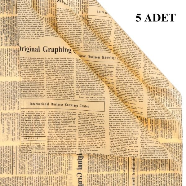 Gazete Desenli Çiçek Ambalaj Kağıdı 5li, Çift Baskı Mat OPP Hediye Buket Kağıdı, Kraft, 58x58 Cm