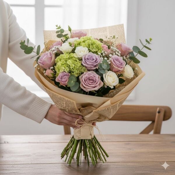 Gazete Desenli Çiçek Ambalaj Kağıdı 5li, Çift Baskı Mat OPP Hediye Buket Kağıdı, Kraft, 58x58 Cm