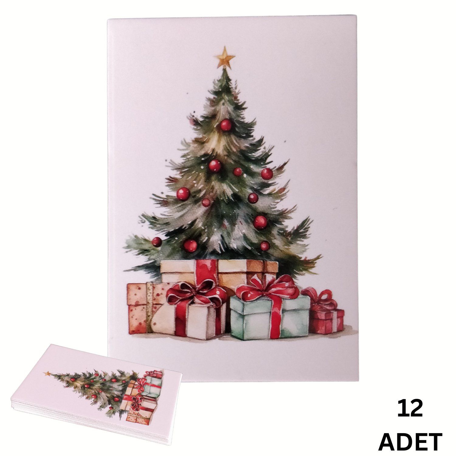 Yılbaşı Çam Temalı Tebrik Kartı, Yeniyıl Hediye, Doğum Günü Not Kartları, 12 Adet, 5,5 x 8 Cm