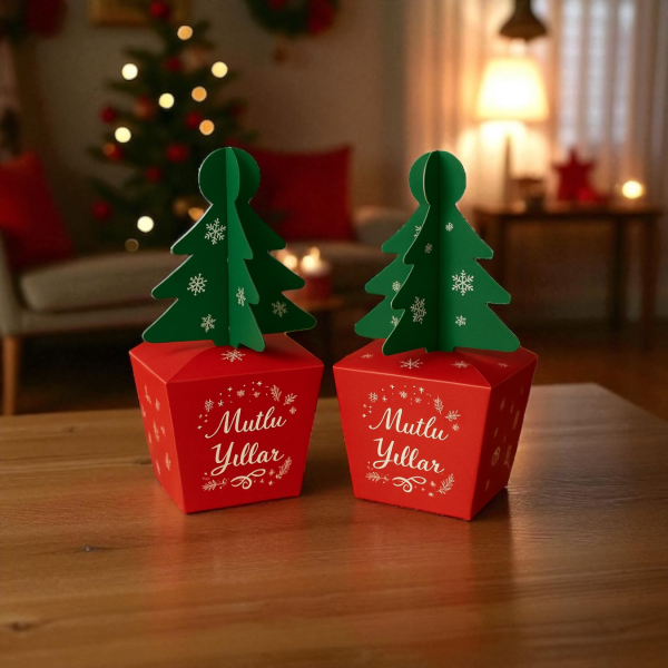 Yılbaşı Çam Ağacı Saplı Hediye Kutu, 12 Adet, Yeniyıl Parti, Dekor, Süs Kutusu, 6 x 6 x 16 Cm