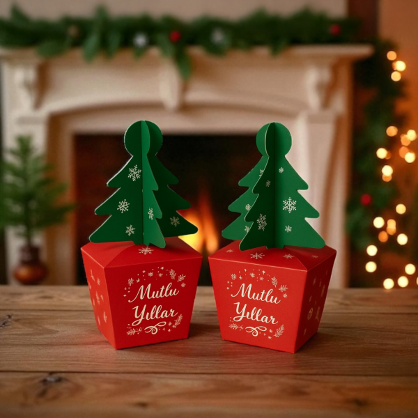 Yılbaşı Çam Ağacı Saplı Hediye Kutu, 12 Adet, Yeniyıl Parti, Dekor, Süs Kutusu, 6 x 6 x 16 Cm