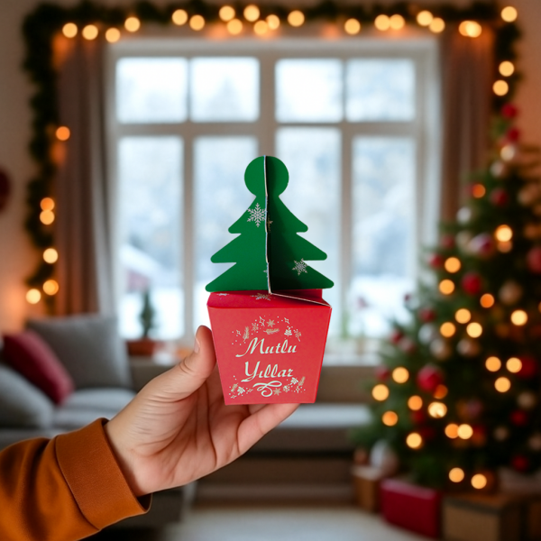 Yılbaşı Çam Ağacı Saplı Hediye Kutu, 12 Adet, Yeniyıl Parti, Dekor, Süs Kutusu, 6 x 6 x 16 Cm