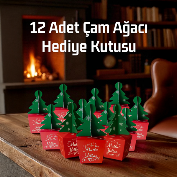 Yılbaşı Çam Ağacı Saplı Hediye Kutu, 12 Adet, Yeniyıl Parti, Dekor, Süs Kutusu, 6 x 6 x 16 Cm