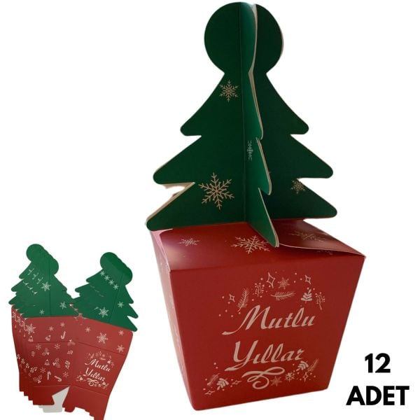 Yılbaşı Çam Ağacı Saplı Hediye Kutu, 12 Adet, Yeniyıl Parti, Dekor, Süs Kutusu, 6 x 6 x 16 Cm