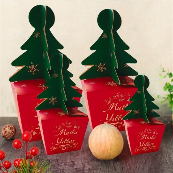 Yılbaşı Çam Ağacı Saplı Hediye Kutu, 12 Adet, Yeniyıl Parti, Dekor, Süs Kutusu, 6 x 6 x 16 Cm