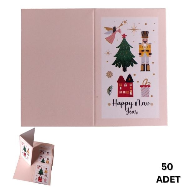 Yılbaşı Happy New Year Yazılı Hediye Kartı - Yeniyıl Tebrik & Not Kartı, 50 Adet, Krem, 5.5x8.5 Cm