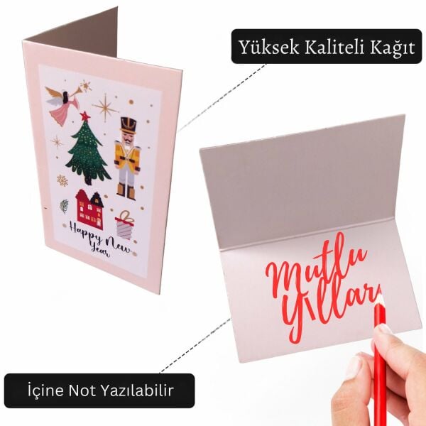 Yılbaşı Happy New Year Yazılı Hediye Kartı - Yeniyıl Tebrik & Not Kartı, 50 Adet, Krem, 5.5x8.5 Cm
