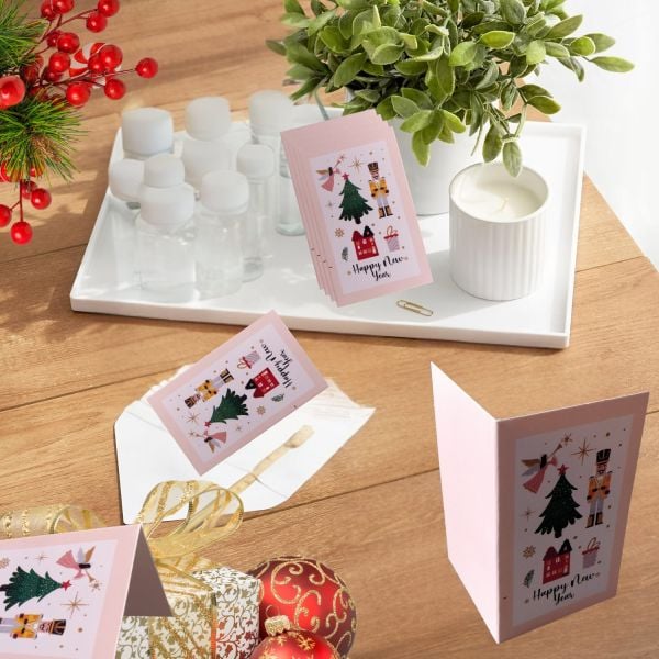 Yılbaşı Happy New Year Yazılı Hediye Kartı - Yeniyıl Tebrik & Not Kartı, 50 Adet, Krem, 5.5x8.5 Cm