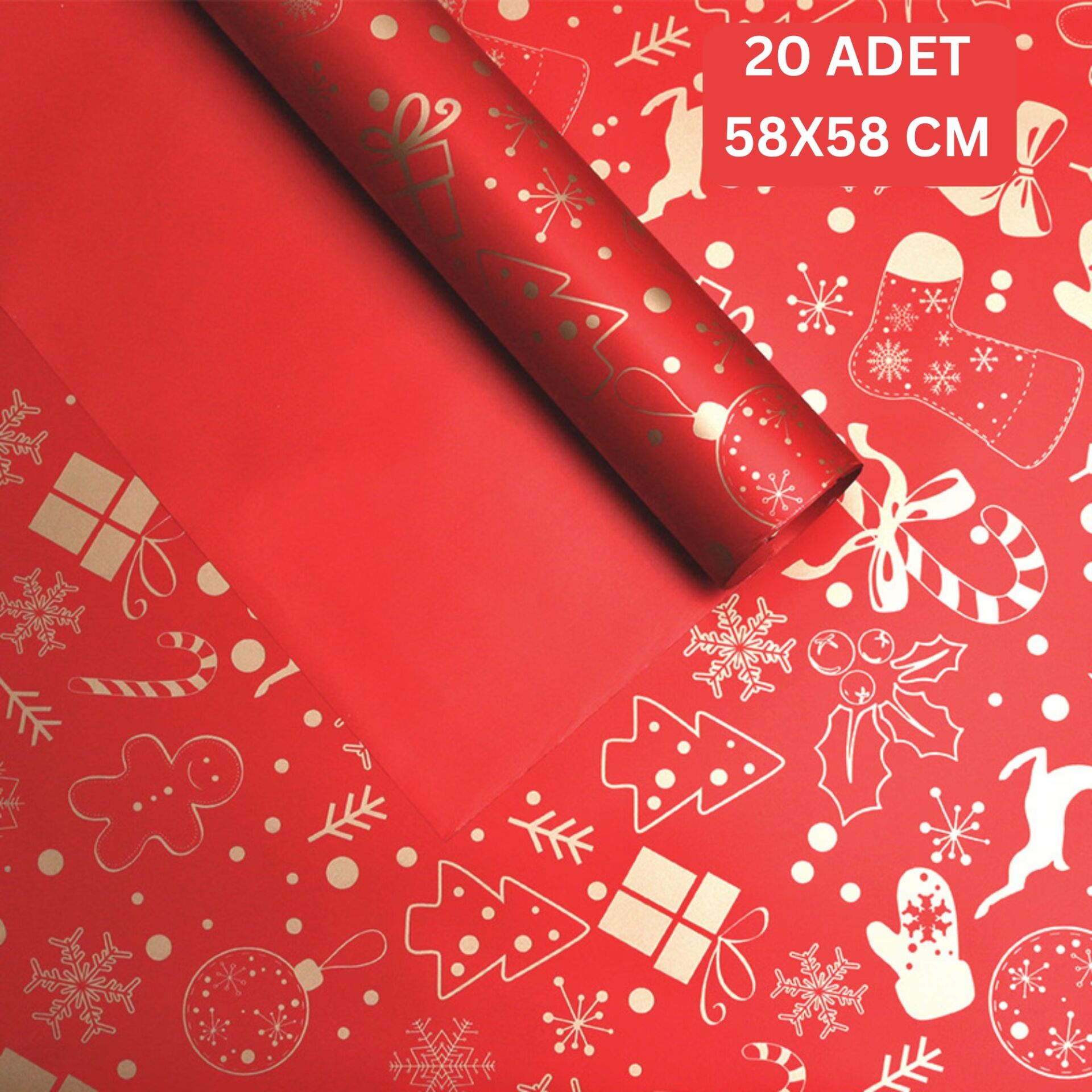 Yılbaşı Karışık Desenli Çiçek Ambalaj Kağıdı, Hediye Paketleme Kağıdı, Kırmızı, 20 Adet-58x58 Cm