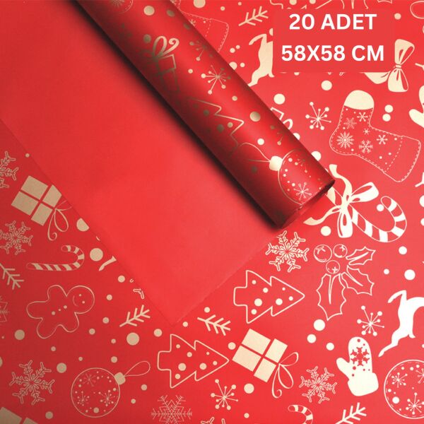 Yılbaşı Karışık Desenli Çiçek Ambalaj Kağıdı, Hediye Paketleme Kağıdı, Kırmızı, 20 Adet-58x58 Cm