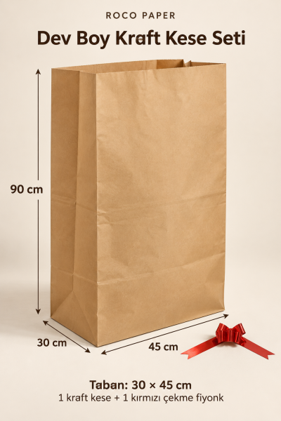 Dev Kraft Kese Kağıdı 30x45x90 cm 5 cm Çekme Fiyonk Hediyeli