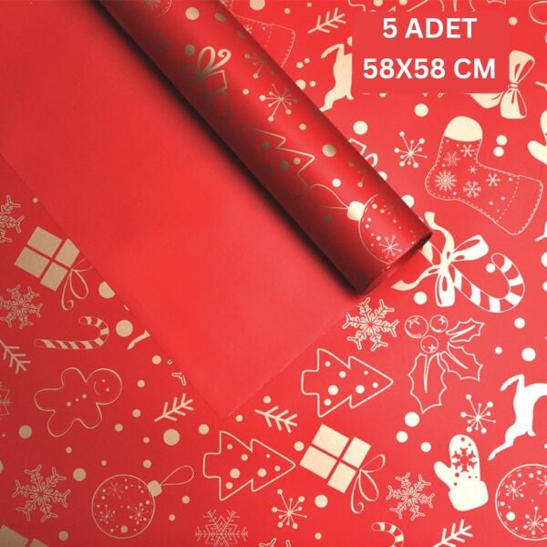 Yılbaşı Tasarımlı Çiçek Ambalaj Kağıdı, Hediye Paketleme Kağıdı, Kırmızı, 5 Adet - 58x58 Cm