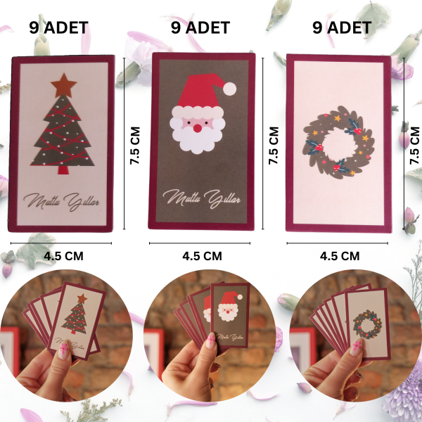 Yılbaşı Temalı Not Kartı Seti-3Lü, Yeniyıl Hediye-Tebrik, Doğum Günü Kartları, 27 Adet, 4,5x7.5 Cm