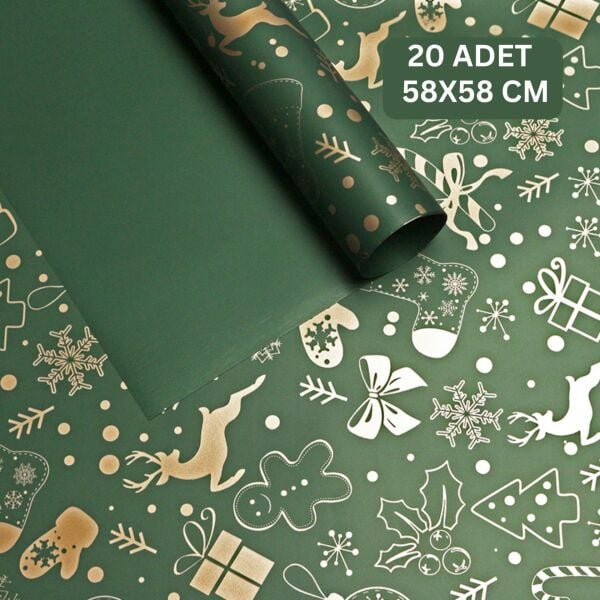 Yılbaşı Karışık Desenli Yeşil Çiçek Ambalaj Kağıdı, Hediye Paketleme Kağıdı, 20 Adet-58x58 Cm