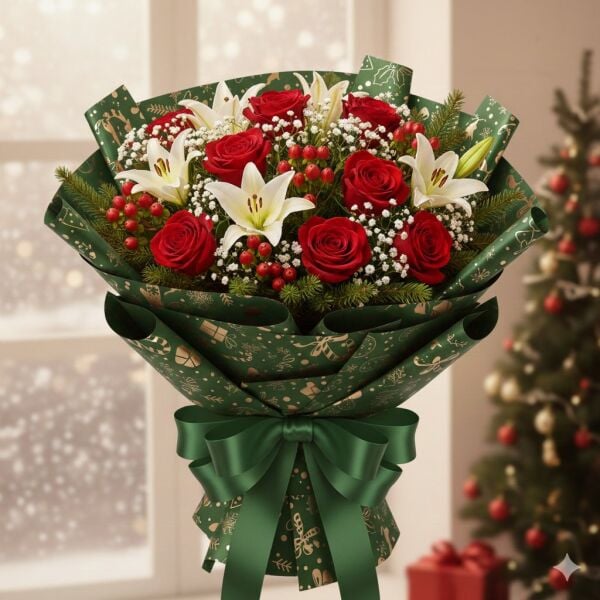 Yılbaşı Karışık Desenli Yeşil Çiçek Ambalaj Kağıdı, Hediye Paketleme Kağıdı, 20 Adet-58x58 Cm