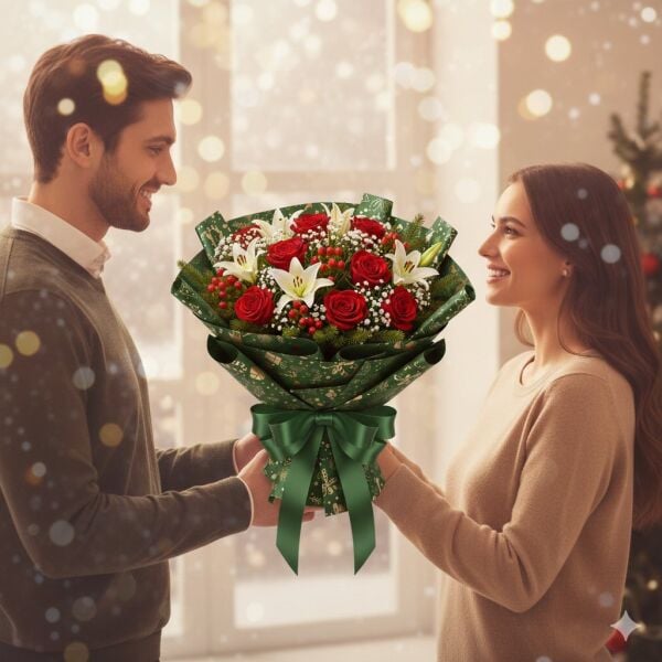 Yılbaşı Karışık Desenli Yeşil Çiçek Ambalaj Kağıdı, Hediye Paketleme Kağıdı, 20 Adet-58x58 Cm