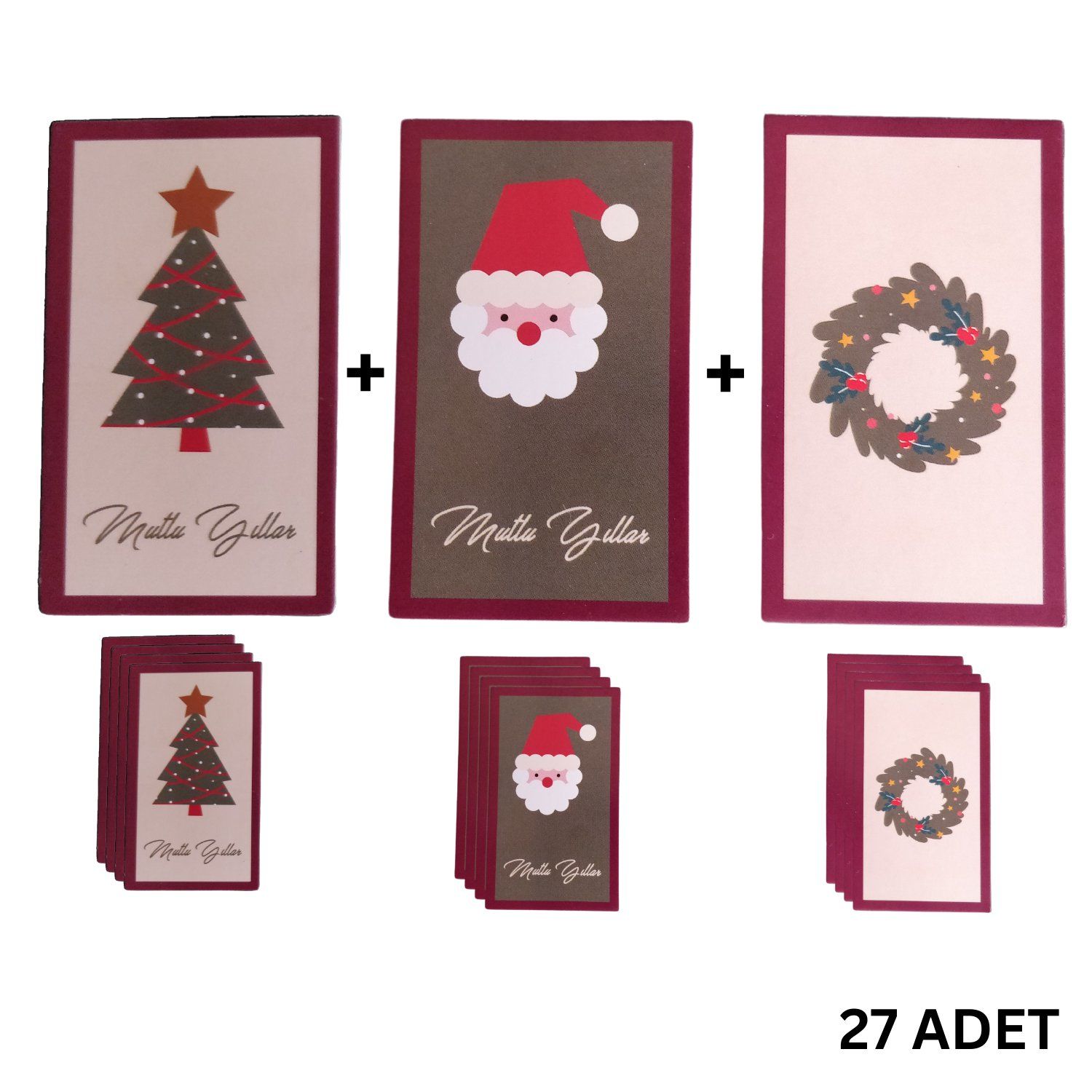 Yılbaşı Temalı Not Kartı Seti-3Lü, Yeniyıl Hediye-Tebrik, Doğum Günü Kartları, 27 Adet, 4,5x7.5 Cm