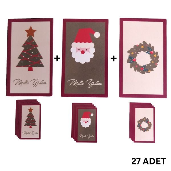Yılbaşı Temalı Not Kartı Seti-3Lü, Yeniyıl Hediye-Tebrik, Doğum Günü Kartları, 27 Adet, 4,5x7.5 Cm