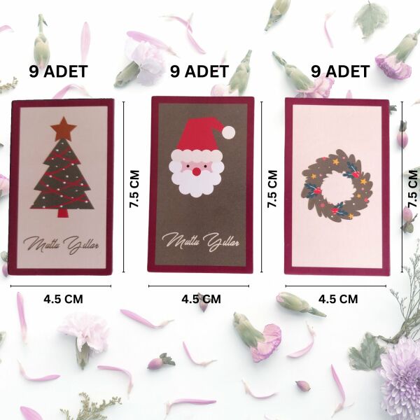 Yılbaşı Temalı Not Kartı Seti-3Lü, Yeniyıl Hediye-Tebrik, Doğum Günü Kartları, 27 Adet, 4,5x7.5 Cm