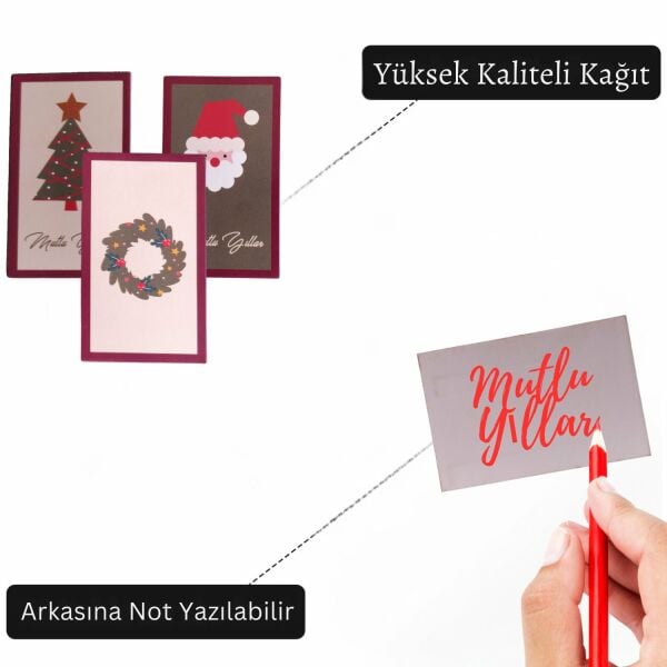 Yılbaşı Temalı Not Kartı Seti-3Lü, Yeniyıl Hediye-Tebrik, Doğum Günü Kartları, 27 Adet, 4,5x7.5 Cm