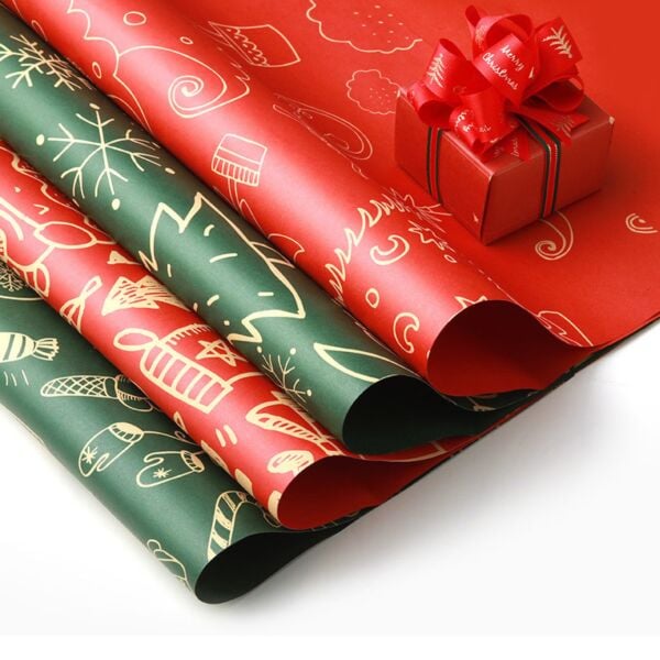 Yılbaşı Karışık Desenli Çiçek Ambalaj Kağıdı - Yeşil, Noel Hediye Paketleme Kağıdı, 5 Adet-58x58 Cm