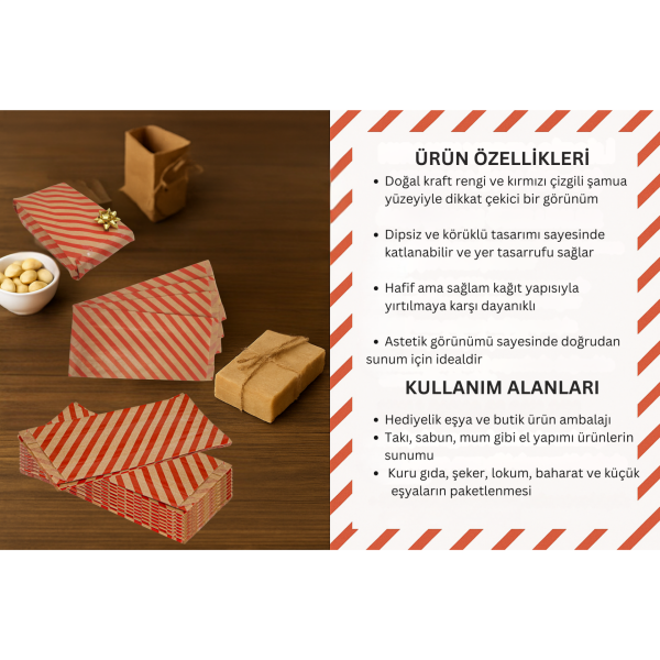 Körüklü Kraft Kese Kağıdı,  Kırmızı Verev Desenli Şamua Kağıt Poşet, Hediye Paketleme, Ambalaj Poşeti, Doğum Günü,ve  Sunum İçin İdeal 1000 Adet