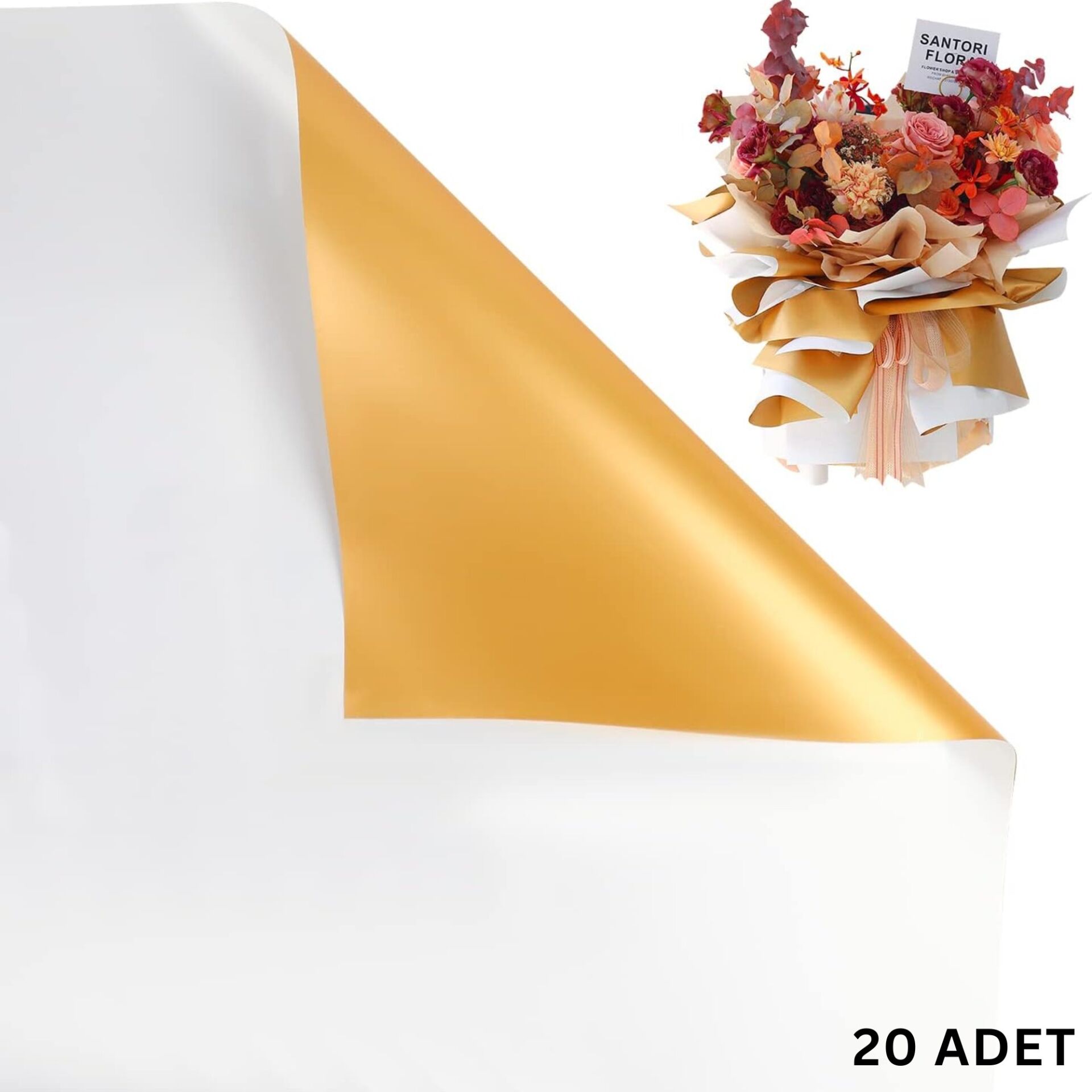 Çiçek Ambalaj Kağıdı 20li, Çift Yüzlü Mat Şeffaf Hediye Buket Sargı Kağıdı, Beyaz & Altın, 58x58 Cm