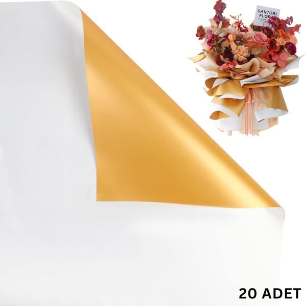 Çiçek Ambalaj Kağıdı 20li, Çift Yüzlü Mat Şeffaf Hediye Buket Sargı Kağıdı, Beyaz & Altın, 58x58 Cm