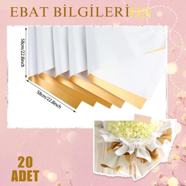 Çiçek Ambalaj Kağıdı 20li, Çift Yüzlü Mat Şeffaf Hediye Buket Sargı Kağıdı, Beyaz & Altın, 58x58 Cm