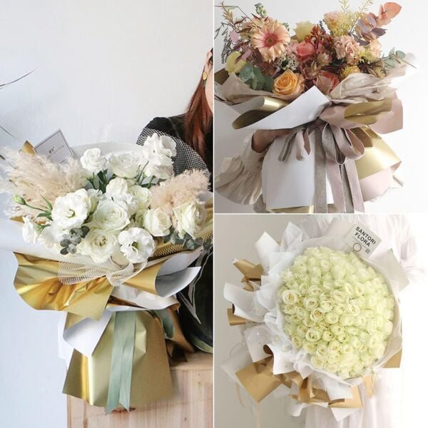 Çiçek Ambalaj Kağıdı 20li, Çift Yüzlü Mat Şeffaf Hediye Buket Sargı Kağıdı, Beyaz & Altın, 58x58 Cm