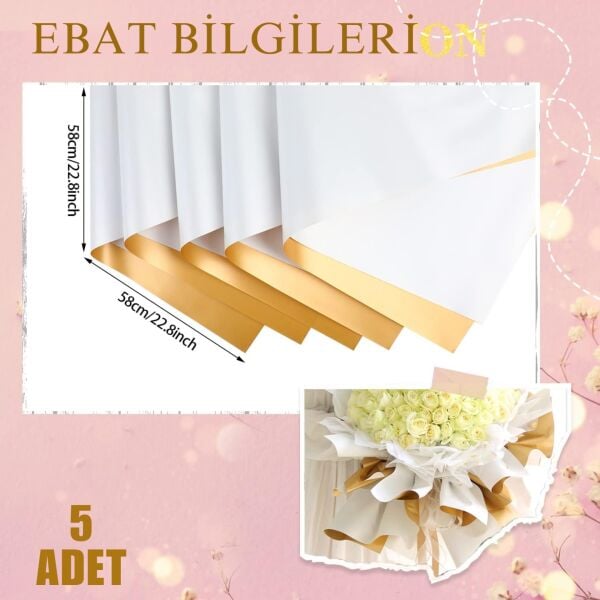 Çiçek Ambalaj Kağıdı 5li, Çift Yüzlü -Beyaz & Altın- Mat Şeffaf Hediye Buket Sargı Kağıdı, 58x58 Cm