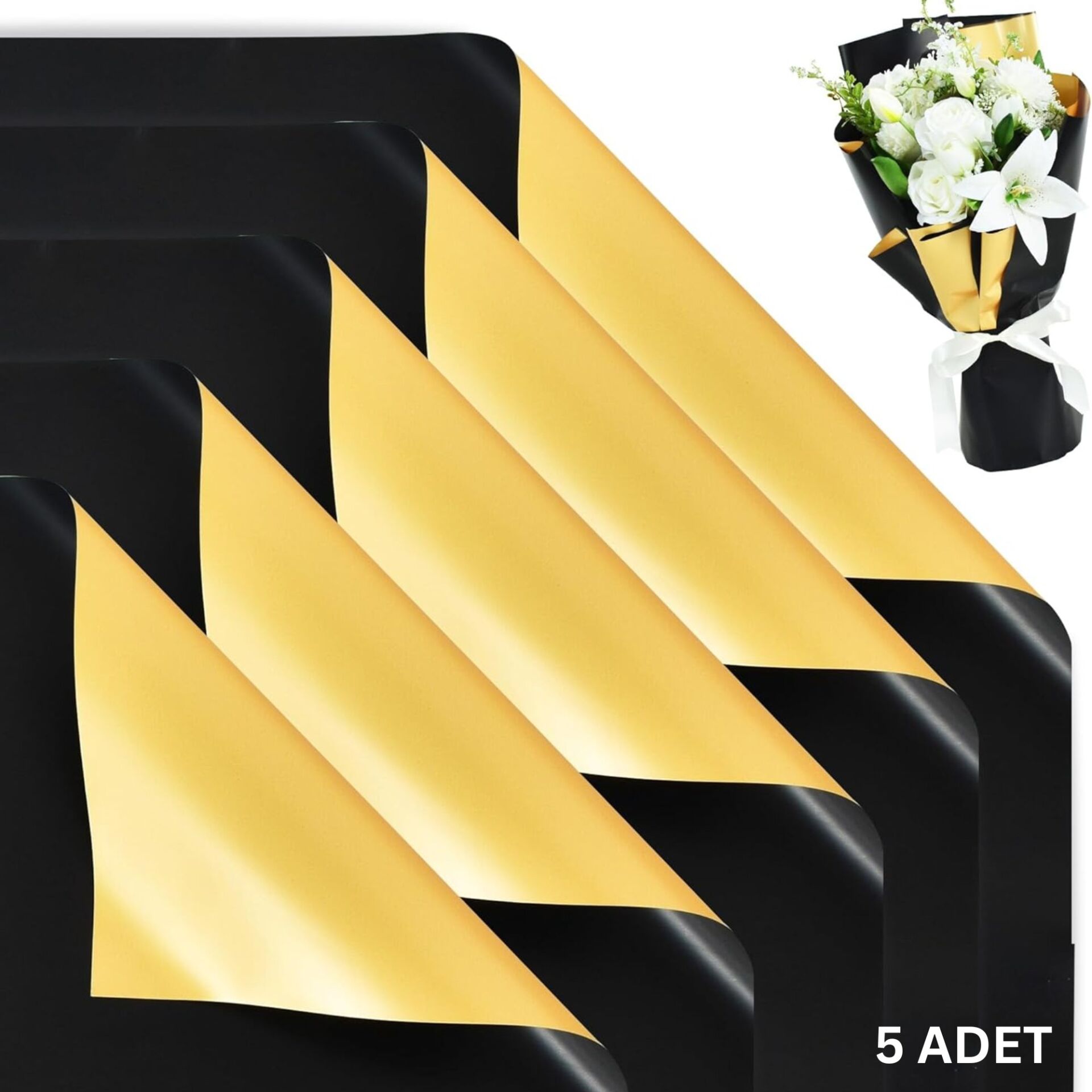 Çiçek Ambalaj Kağıdı 5li, Çift Yüzlü-58x58 Cm, Mat Şeffaf Hediye Buket Sargı Kağıdı, Siyah & Altın