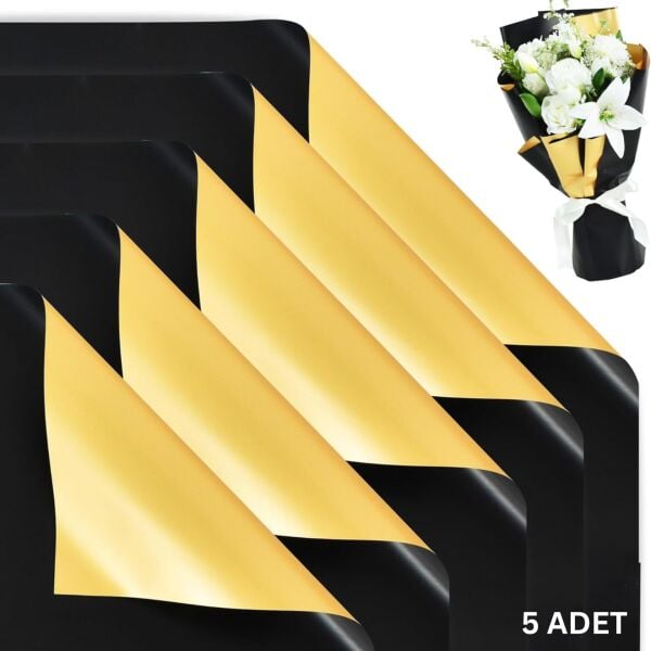 Çiçek Ambalaj Kağıdı 5li, Çift Yüzlü-58x58 Cm, Mat Şeffaf Hediye Buket Sargı Kağıdı, Siyah & Altın