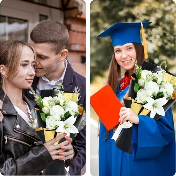 Çiçek Ambalaj Kağıdı 5li, Çift Yüzlü-58x58 Cm, Mat Şeffaf Hediye Buket Sargı Kağıdı, Siyah & Altın