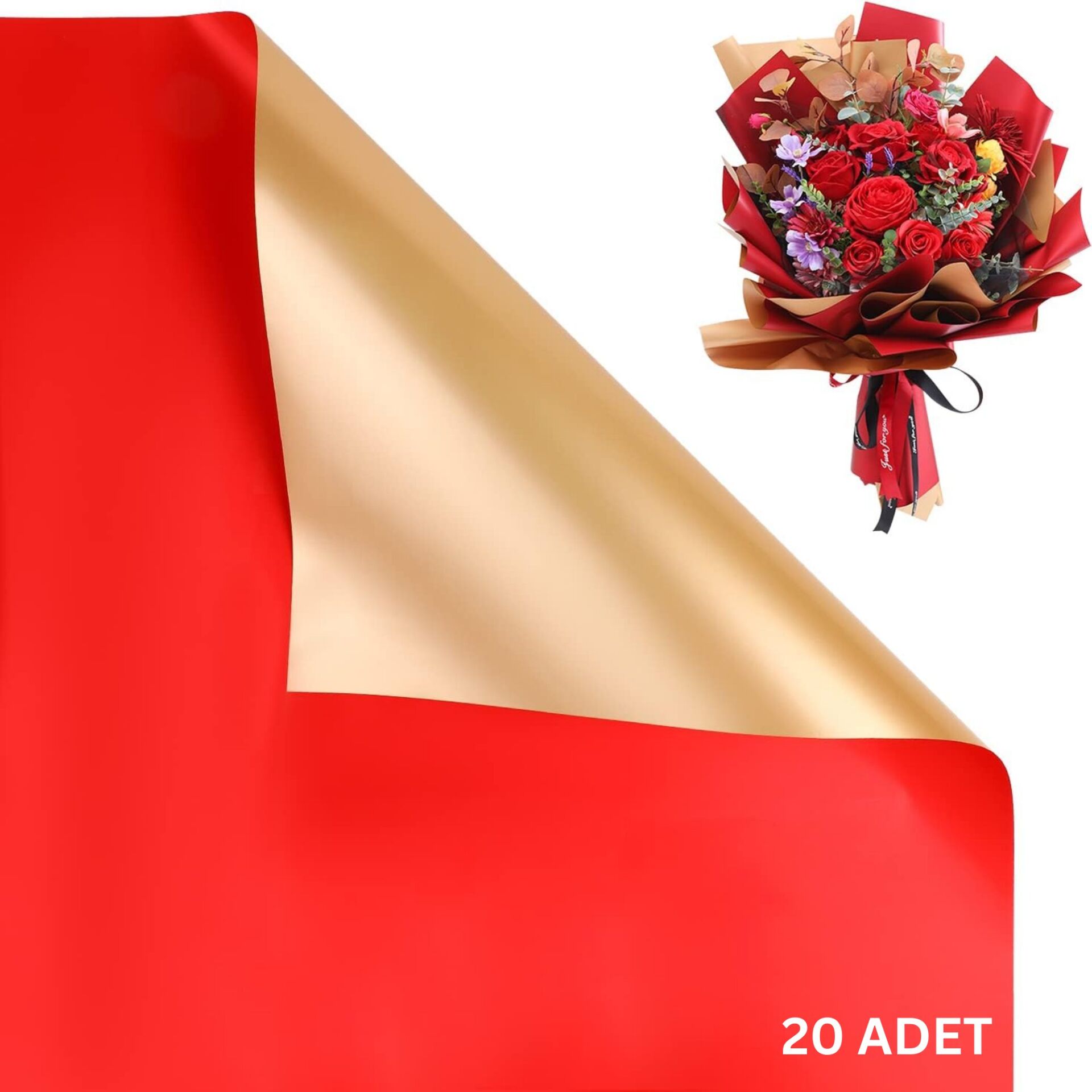 Çiçek Ambalaj Kağıdı 20li-58x58 Cm- Çift Yüzlü Mat Şeffaf Hediye Buket Sargı Kağıdı, Kırmızı & Altın