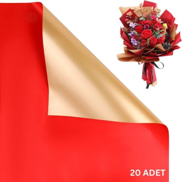 Çiçek Ambalaj Kağıdı 20li-58x58 Cm- Çift Yüzlü Mat Şeffaf Hediye Buket Sargı Kağıdı, Kırmızı & Altın